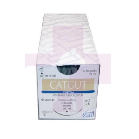 SUTURA CATGUT CROMADO ESTERIL CON AGUJA CURVA TRIANGULAR, 1 SOBRE DE 75CM, USP 2/0